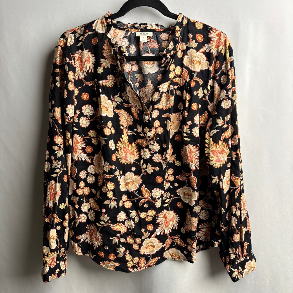 Womens Black Orange Floral Cotton Ruffle Neck Blouse Top‎ Autumn Fall Boho L